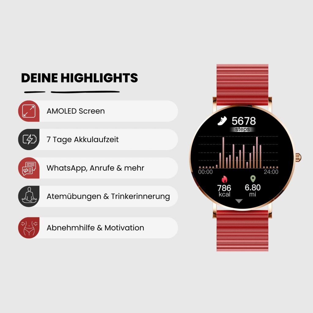 Damen Smartwatch Rot Magnet  Ultrflach & AMOLED Display