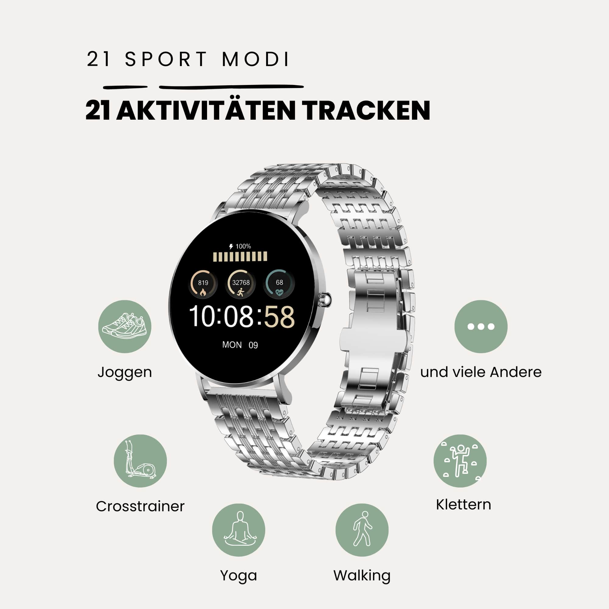 SIONA 2 Elegance Silver Damenuhr mit Schrittzähler und Puls rund - silber