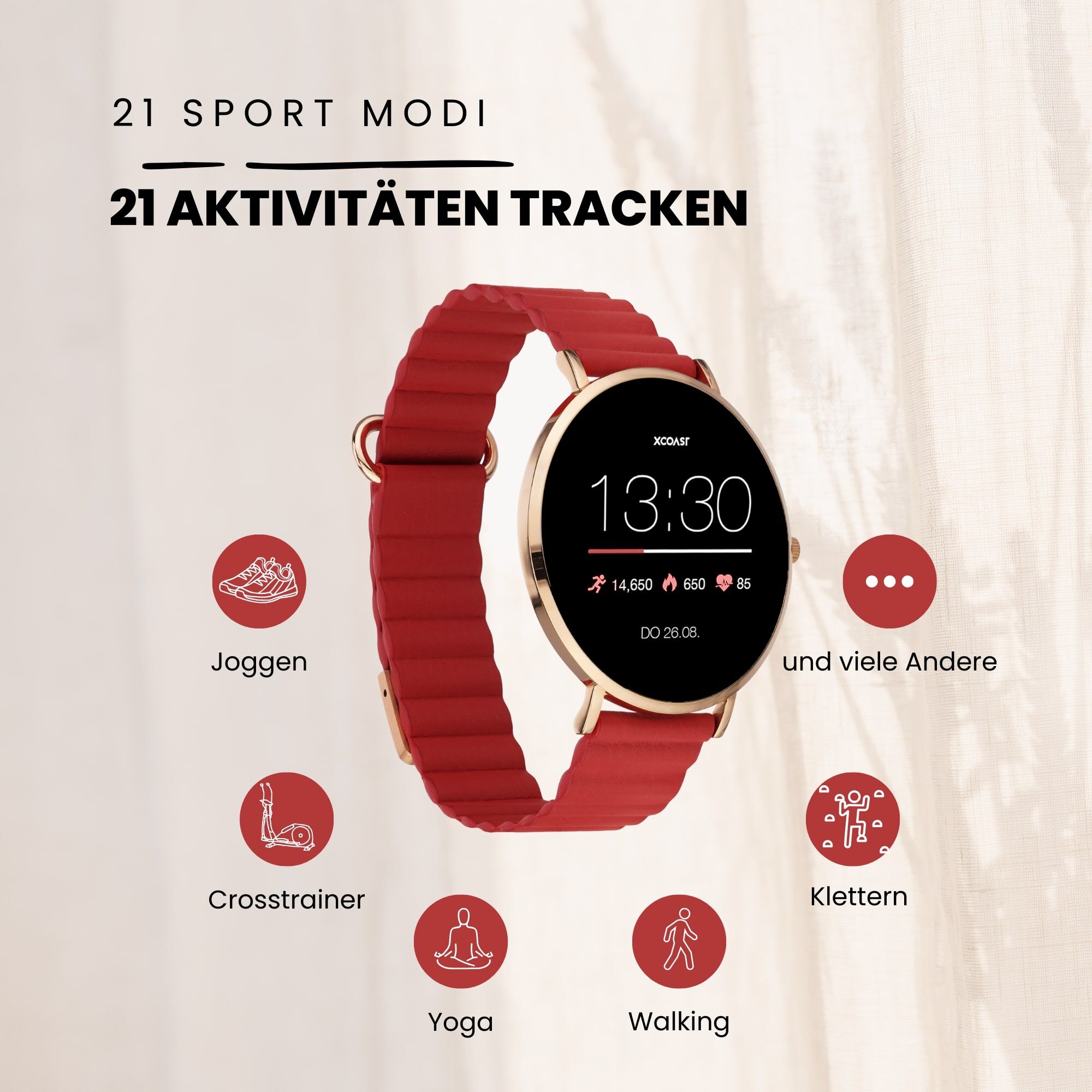 Damen Smartwatch Rot mit Magnetarmband – SIONA 2 AMOLED IP68 – Bild 7