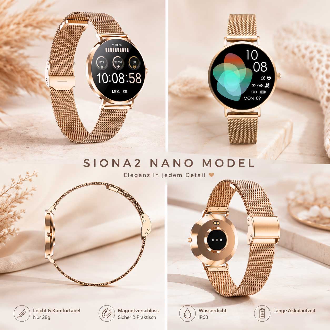 Damen Smartwatch mit Telefonfunktion – SIONA 2 Nano Roségold 37mm – Bild 3
