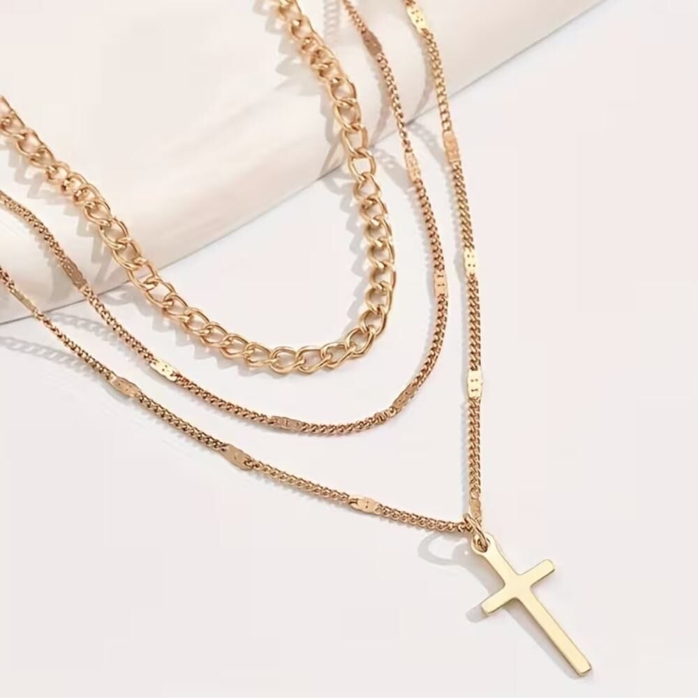 Filigrane Layer Kette Damen mit Kreuz Symbol