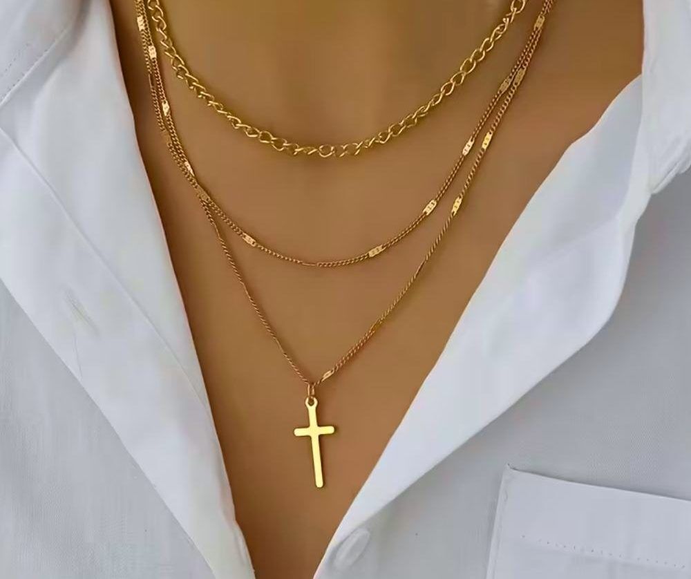 Layering Halskette Damen dreilagig mit Kreuz Anhänger