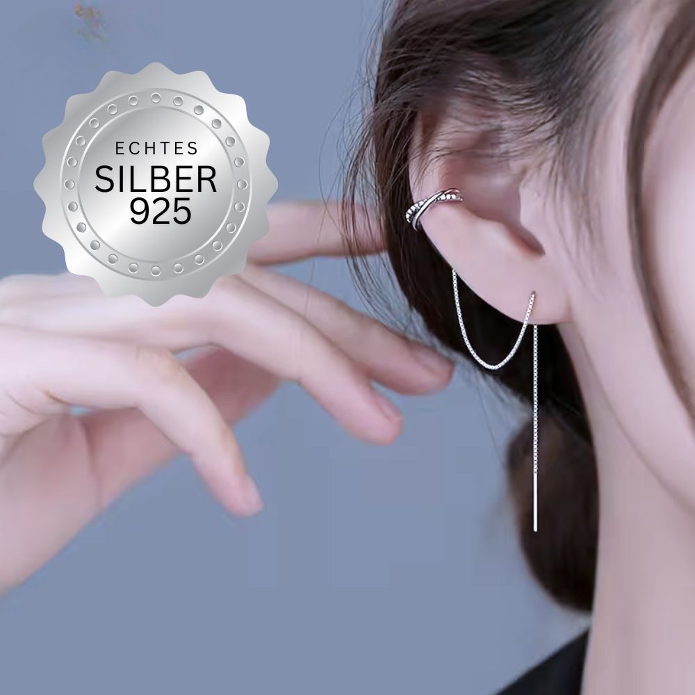 Ear Cuff Kreuz 925 Silber Damen – Ohrring Set ohne Piercing mit Kette & Quaste, hypoallergen